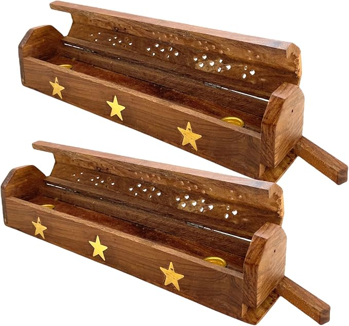 2 Pack Wooden Coffin Incense Sticks Burner - 12 Inches Brass Inlays - Storage Compartment (Large Star)