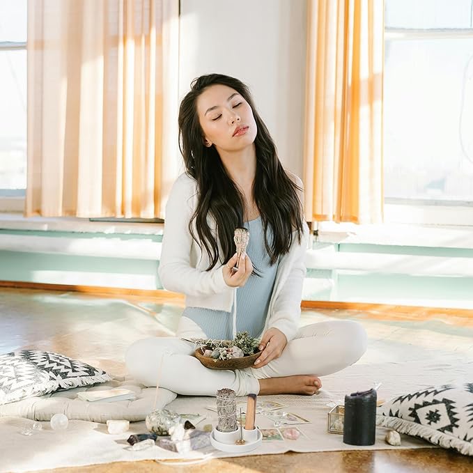 4 in 1 Incense Holder, Ceramic Incense Stick and Palo Santo Holder,Sage Holder for Burning- 4.25" Ceramic Ash Catcher Tray for Meditation and Yoga Room (White)