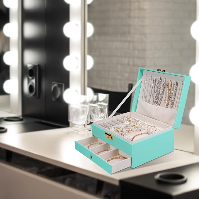 GUOER Jewelry Box for Women Girls, Two Layers Jewelry Organizer (Teal) | Vintage Quilting Stitching PU Leather, Earrings Bracelets Rings Necklace Watches Storage Large Jewellery Holder Case Gifts