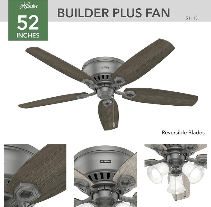 Hunter Builder, Indoor, Ceiling Fan, with LED Lights, 52 inch, Matte Silver