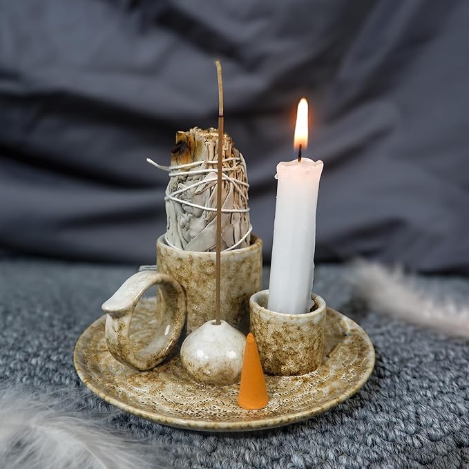 MOUGIGI 5.1Inch 5-in-1 Ceramic Smudge Bowl Brown - Incense Stick Holder, Small Candle Holder, Smudge Bowl/Dish, Fits Palo Santo, Sage.Zen Altar for Meditation/Yoga, Aromatic Scents, Easy to Clean