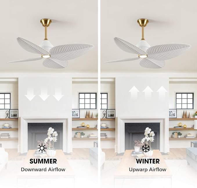 52" Tropical Ceiling Fans with Lights, Indoor Palm Leaf Ceiling Fan with Light and Remote for Living Room Bedroom, ABS Blades, Dimmable LED Lights, 6 Speeds, Adjustable Height-White Gold
