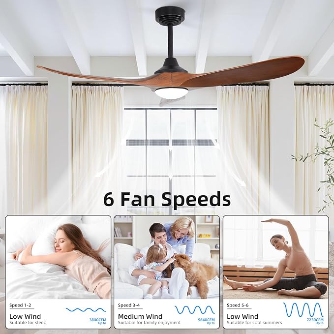 52” Outdoor Ceiling Fan with Light and Remote via WiFi Alexa, 3 Walnut Solid Wood Blade, Noiseless Reversible Dc Motor, Smart Outdoor Wood Ceiling Fan for Farmhouse Patios, Walnut
