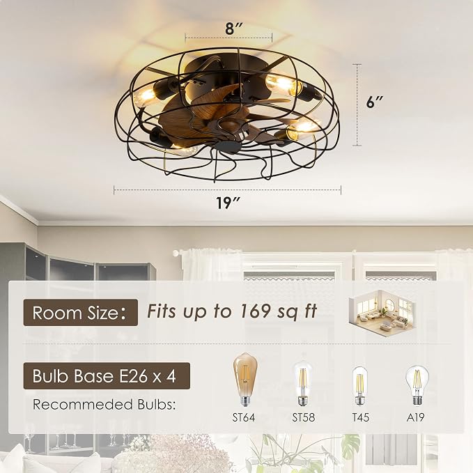 ZYD Caged Ceiling Fan with Light, 19" Caged Industrial Ceiling Fans with Lights and Remote Flush Mount, Small Farmhouse Ceiling Fan with Light Low Profile 6 Speed Reversible with Timing - Black