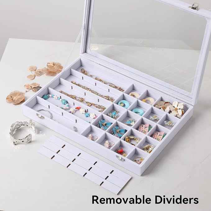Frebeauty 40 Grid Earring Organizer,Velvet Jewelry Tray with Clear Lid | Drawer Jewelry Organizer for Rings Studs Beads,Adjustable Dividers,Dustproof,Earring Storage,Trinket Box,13.8×9.5Inches