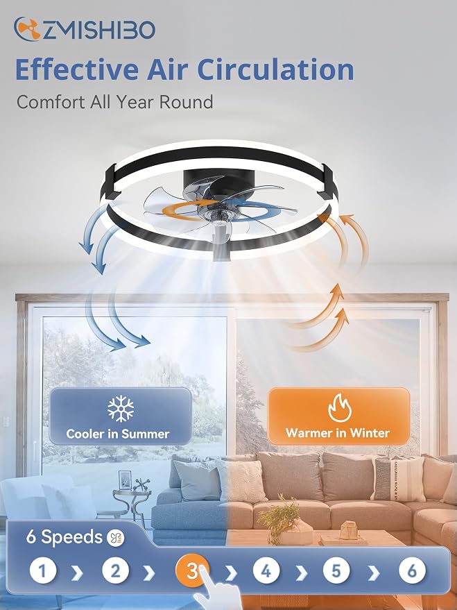 ZMISHIBO Ceiling Fans with Lights and Remote, 20 inch Low Profile Ceiling Fan with Light, 3000K-6000K Dimmable & 6 Wind Speeds, Modern Fandelier Flush Mount Ceiling Fan, Small LED Fan for Bedroom