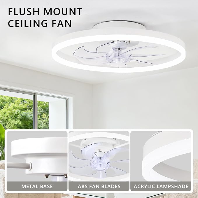 20" Low Profile Ceiling Fans with Lights and Remote & APP, Dimmable 3000-6500K LED Fandelier Ceiling Fan with Light, Modern Flush Mount Ceiling Fan Light for Living Room, Bedroom and Kitchen