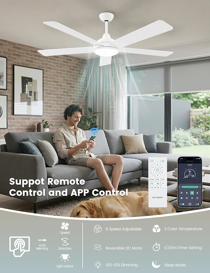 60 Inch Ceiling Fans with Lights and Remote/App Control: White Ceiling Fan with Light, Quiet Reversible DC Motor, Dimmable Tri-Color LED, Modern Ceiling Fan for Bedroom/Patio, Indoor/Outdoor