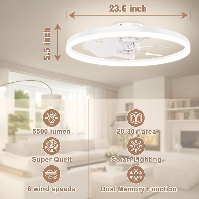 VOLISUN Low Profile Ceiling Fans with Light and Remote,No Assembly,23.6in Bladeless Ceiling Fan with Lights,3000K-6500K Dimmable Flush Mount LED Fan Light,White Fandelier Ceiling Fans for Bedroom