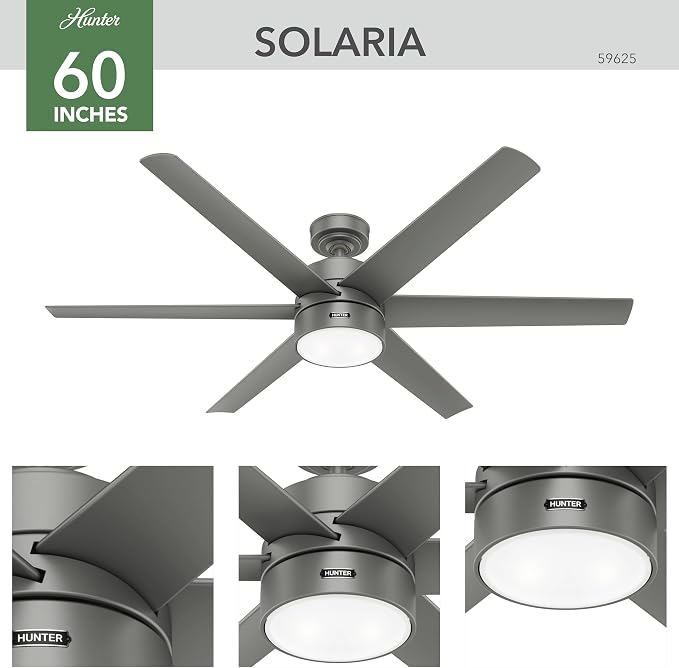 Hunter Solaria, Outdoor or Indoor, Ceiling Fan, 60 inch, Matte Silver | with LED Light, Standard Mount, Wall Control, Quiet, 6 Blades, For Patio, Porch, Garage, 59625