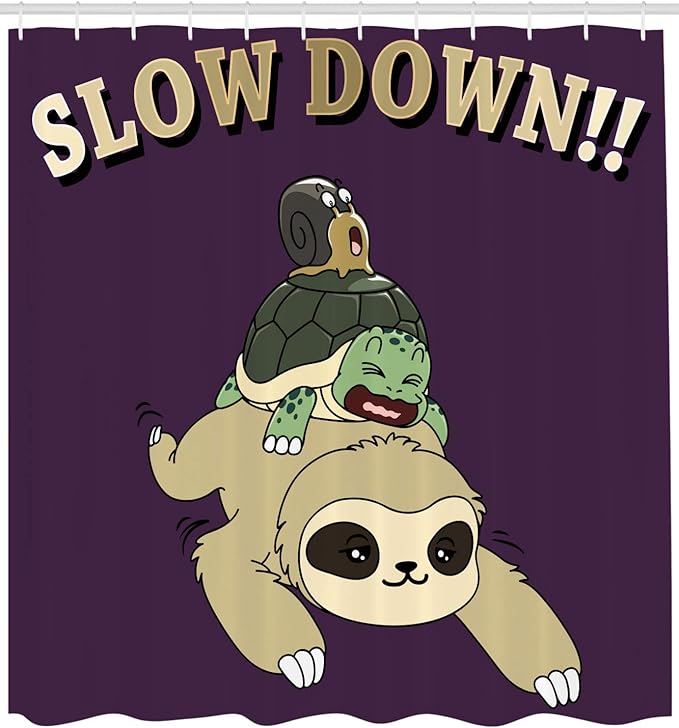 Ambesonne Sloth Shower Curtain, Funny Cartoon Scenery Animal Turtle Snail on Top of Each Other Slow Down Phrase, Cloth Fabric Bathroom Decor Set with Hooks, 69" W x 70" L, Plum Dark Eggshell