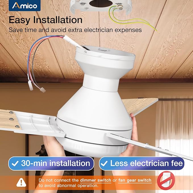 Amico Ceiling Fans with Lights, 52 inch Low Profile Ceiling fan with Light and Remote Control, Flush Mount, Reversible, 3CCT, Dimmable, Noiseless, White Ceiling Fan for Bedroom, Indoor/Outdoor Use