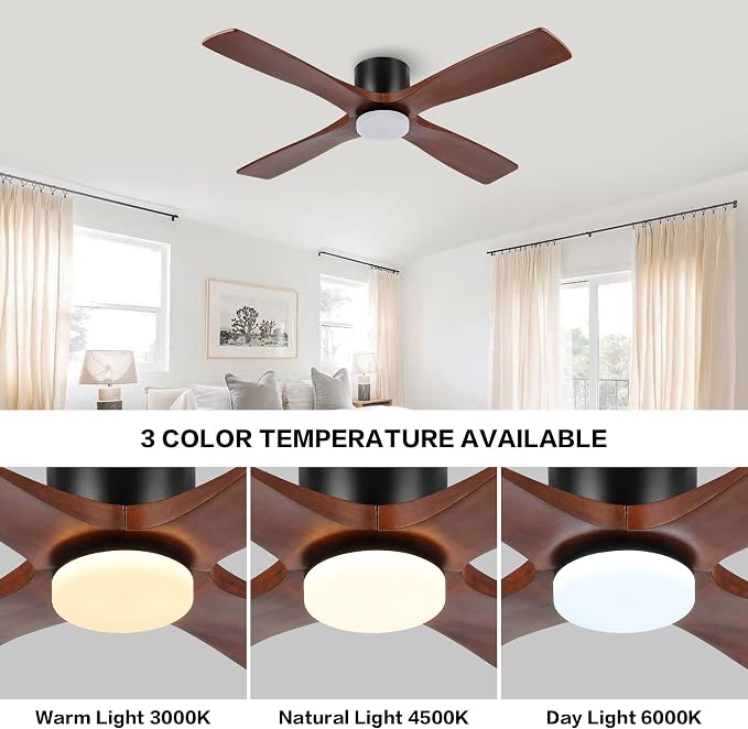 WINGBO 54 Inch Flush Mount DC Ceiling Fan with Lights and Remote, 4 Reversible Carved Wood Blades, 6-Speed Noiseless DC Motor, Hugger Ceiling Fan in Matte Black Finish with Walnut Blades