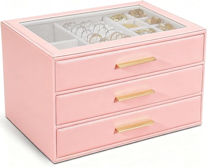 GUOER Jewelry Box for Women, Glass Lid Jewelry Organizer with 3 Drawers PU Jewelry Storage Case for Necklaces Rings Earrings Bracelets (Pink)