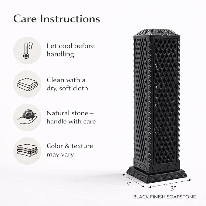 Handmade Marble Black Soapstone Incense Stick Burner | Candle Stick Holder | Tea Light Burner - Perfect Jaali Carving for Gifting. Decorative Home and Kitchen Decor (3 x 3 x 11 Inches).