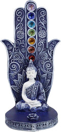 Ebros Gift Blue and White Nirvana Sacred Symbol Hamsa Palm with Buddha Gautama and Rainbow Chakra Stones Incense Stick Holder Burner Home Decor Figurine 6" H Zen Feng Shui Vastu Accent