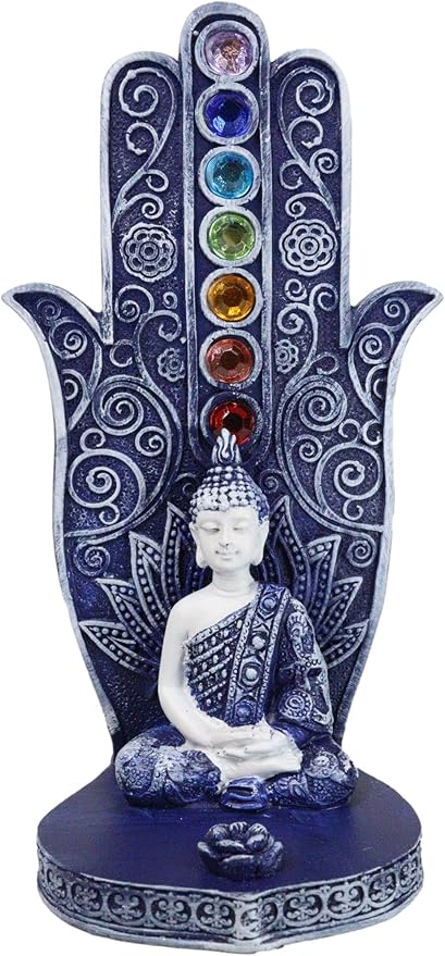 Ebros Gift Blue and White Nirvana Sacred Symbol Hamsa Palm with Buddha Gautama and Rainbow Chakra Stones Incense Stick Holder Burner Home Decor Figurine 6" H Zen Feng Shui Vastu Accent