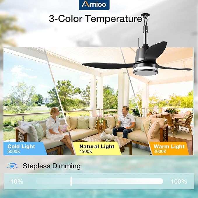 Amico 42 Inch Outdoor Ceiling Fans with Lights for Patios, IP65 Waterproof Gazebo Fan Remote Control, 3000-6000K, 6 Speeds, Hook Hanging Plug in Ceiling Fan for Patio Porch Pergola Garage Canopy