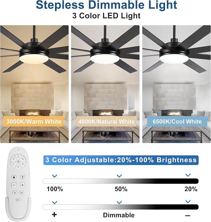 72 Inch Ceiling Fans with Lights and Remote Control, Black | Wooden Blades,Reversible Quiet DC Motor, 6-Speed, 3CCT Dimmable LED, Timer for Living Room, Bedroom, Office