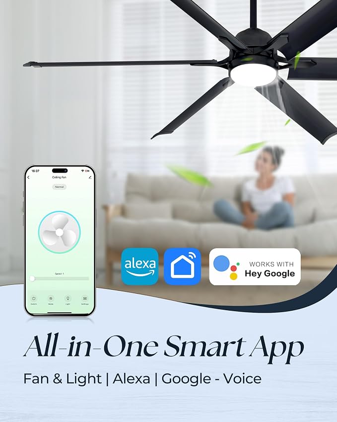 60 Inch Aluminum Smart Ceiling Fan with Alexa APP,Large Black Ceiling Fan with Remote,3CCT,6 Speed,Quiet DC Motor Metal Outdoor Indoor Fan for Patio,Living Room,Bedroom