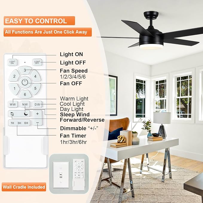 YUHAO 52 Inch Black Ceiling Fan with Light and Remote Control.Noiseless,Dimmable,3CCT,6 Speeds Reversible, DC Ceiling Fans for Indoor or Covered Outdoor Use.ETL Listed