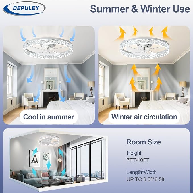 Depuley Ceiling Fans with Lights and Remote: Full Package 20" Modern Low Profile Flush Mount LED Ceiling Fan for Bedroom App Control - White Crystal Bladeless Fandelier for Laundry Room Kitchen