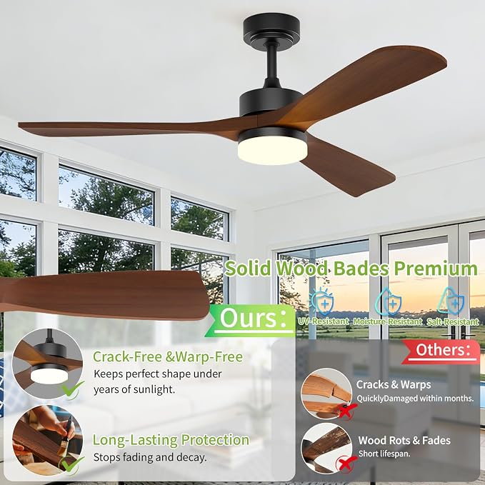 Ceiling Fans with Lights, Solid Wood Blade, 45 W Reversible DC Motor <20 dB Ultra-Quiet for Home Living, 3 CCT, 6 Speeds, 6200 CFM, 52 Inch Suitable for Indoor and Outdoor
