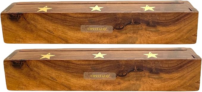 2 Pack Wooden Coffin Incense Sticks Burner - 12 Inches Brass Inlays - Storage Compartment (Large Star)