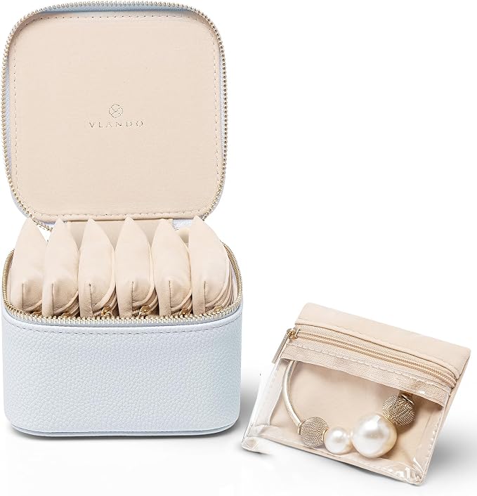 VLANDO Travel Jewelry Organizer Case with 6 Clear Velvet Zipper Pouches, Faux Leather Jewelry Storage Box for Rings, Earrings, Necklaces and Bracelets, Gift for Women