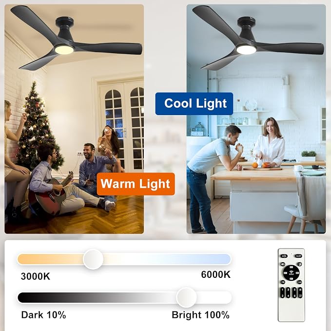 Depuley 52-Inch Ceiling Fans with Lights: Black 3 Blade Flush Mount Low Profile Ceiling Fan for Bedroom - Dimmable Indoor Outdoor Fan with Remote Control Ultra Quiet DC Motor Timer