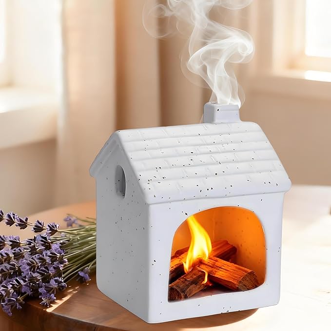 Ceramic Mini Chiminea Palo Santo Burner | Sage & Incense Cone Holder | Stable Smudge Bowl for Zen Altar, Meditation, Yoga | Home Decor & Gift (White)