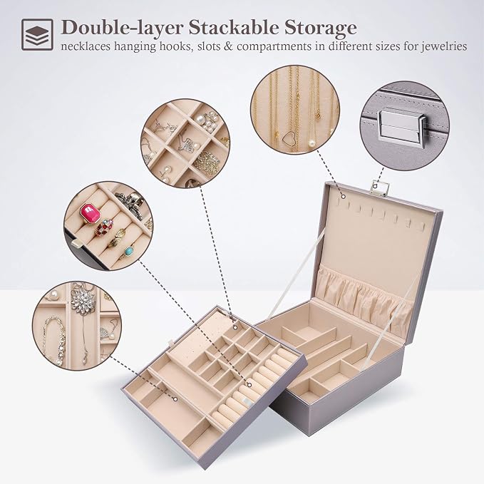 ProCase 2 Layers Jewelry Box for Women -Pearlizedsilver | Large Leather Jewelry Organizer Storage Case with Removable Pad for Earrings