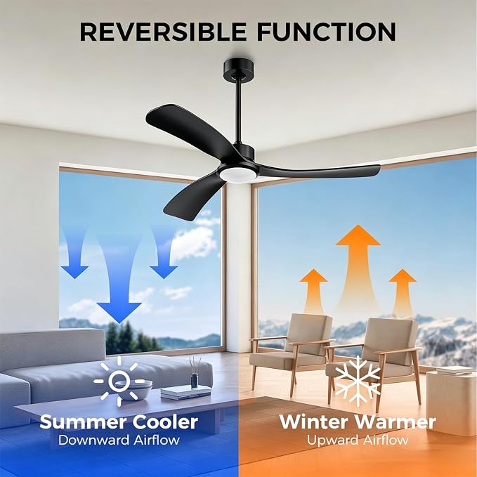 Obabala 52 Inch Ceiling Fan with Light and Remote, 3 black Solid Wood Blades, DC Motor Quiet 35dB, Dimmable LED Reversible for Bedroom Living Room Indoor Outdoor, 6 Speed Timer Downrod