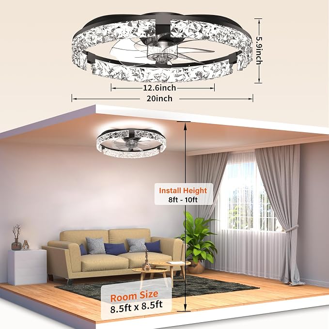 Ceiling Fans with Lights and Remote,20''Low Profile Ceiling Fan,3000-6000K Dimmable Modern Flush Mount LED Fan Light,6 Wind Speeds for Bedroom (Black, 20-inch Foldable Diamond)