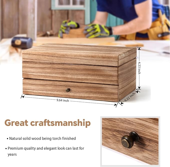 Meangood Jewelry Box Organizer for Women, 2 Layer Large Jewelry Storage Case, Rustic Wooden Jewelry Box with Mirror & Ring Tray for Necklace Earring Bracelets Rings, Vintage Style (Torched Wood)
