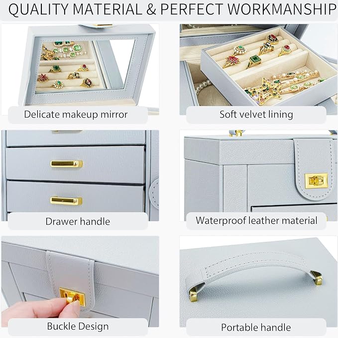 AKOZLIN 6-Tier Jewelry Box Organizer Functional 5 Drawers Leather Jewelry Storage Case for Women Girls Ring Necklace Earring Bracelet Holder Organizer with Mirror Grey Regular