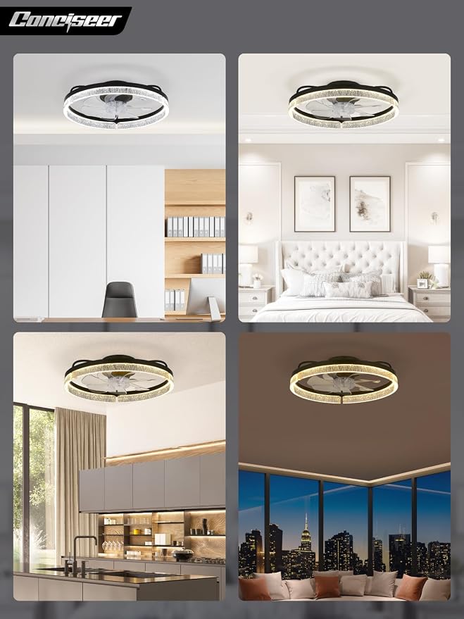 Conciseer 20 Inch Ceiling Fans with Lights and Remote, Flush Mount,3CCT 3000-6500K Dimmable 4W-35W, Low Profile 6 Speed Reversible Quiet DC Motor for Bedroom, Kids Room and Living Room, Black