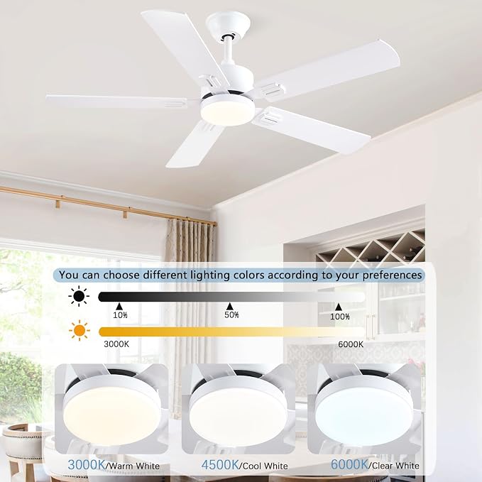 FUMLTP 46 inch Modern White Ceiling Fans with Lights APP/Remote Control, Low Profile Reversible 6 Speeds Ceiling Fan Light for Indoor/Outdoor Patio Bedroom Living Room
