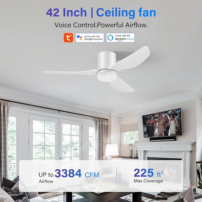 42 Inch Smart Ceiling Fans with Lights Remote,Low Profile Ceiling Fan Control via Voice Alexa App,Modern Flush Mount Fans for Small Bedroom,Patio,Porch,Outdoor Indoor,Matte White,6 Speed,Ultra-quiet