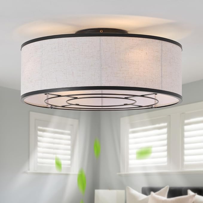 20" Black Low Profile Ceiling Fans with Lights, Boho Flush Mount Ceiling Fan with Light and Remote, Rattan with 6 Speeds for Bedroom, Nursery, Living Room