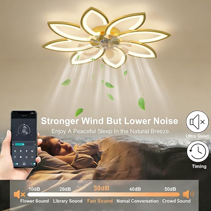 35" Ceiling Fans With Lights and Remote, Low Profile Flush Mount | Ceiling Fan Lights With 6 Speed 3 Colors Dimmable, For Bedroom Living Room, Quiet, Reversible Motor, Timing Gold