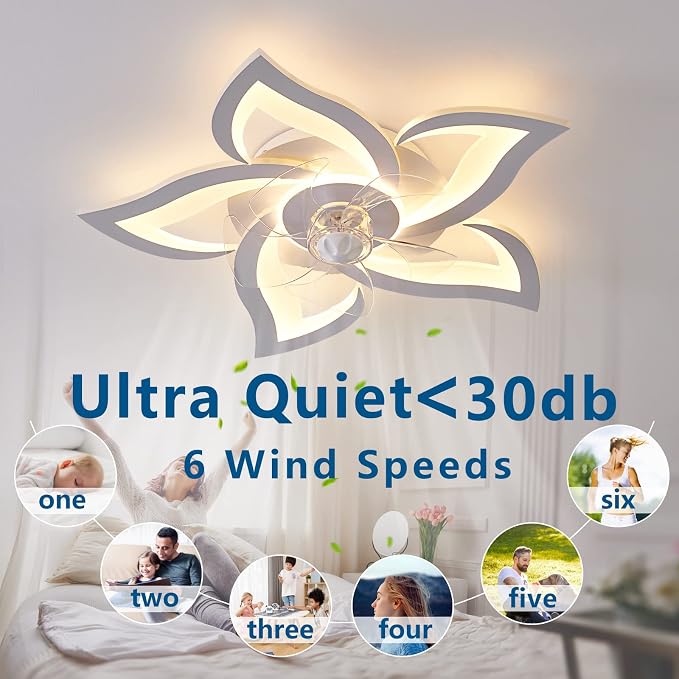 Dalouguan Flush Mount Ceiling Fan with Lights, 24" White Ceiling Fan with Light Remote Control, 6 Speeds 3 Light Color Low Profile Flush Mount Ceiling Fan for Kitchen Bedroom