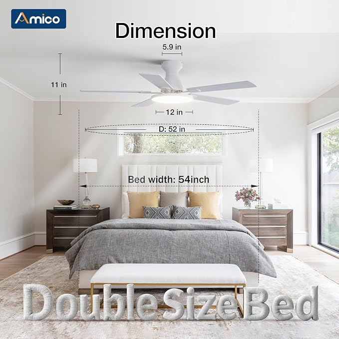 Amico Ceiling Fans with Lights, 52 inch Smart Ceiling Fan with Remote/APP/Alexa Control, Flush Mount, Reversible DC Motor, 5 Blades, 6 Speeds, 3CCT, Dimmable, Noiseless, Bedroom, Living Room, White