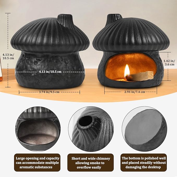 Palo Santo Holder Mushroom Shape, Ceramic Sage Holder for Burning Palo Santo Burner for Meditation, Yoga and Relaxation(Black)