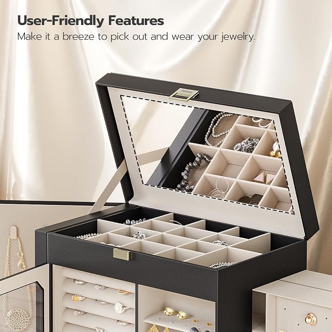 HOOBRO Jewelry Box with Mirror, Travel Jewelry Organizer with Glass Window, Jewelry Storage Case, Vertical Storage, Gift for Loved Ones, for Earrings, Rings, Necklaces, Bracelets, Black BK03JB04G2