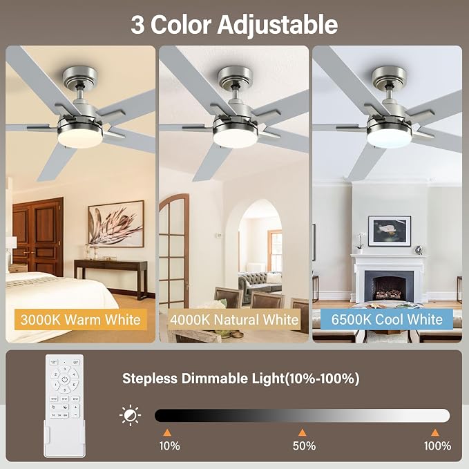 60 Inch Brushed Nickel Ceiling Fans with Lights and Remote, Reversible, 3CCT, Dimmable, Noiseless, Large Ceiling Fan for Bedroom, Living Room and Patio, Indoor/Outdoor Use