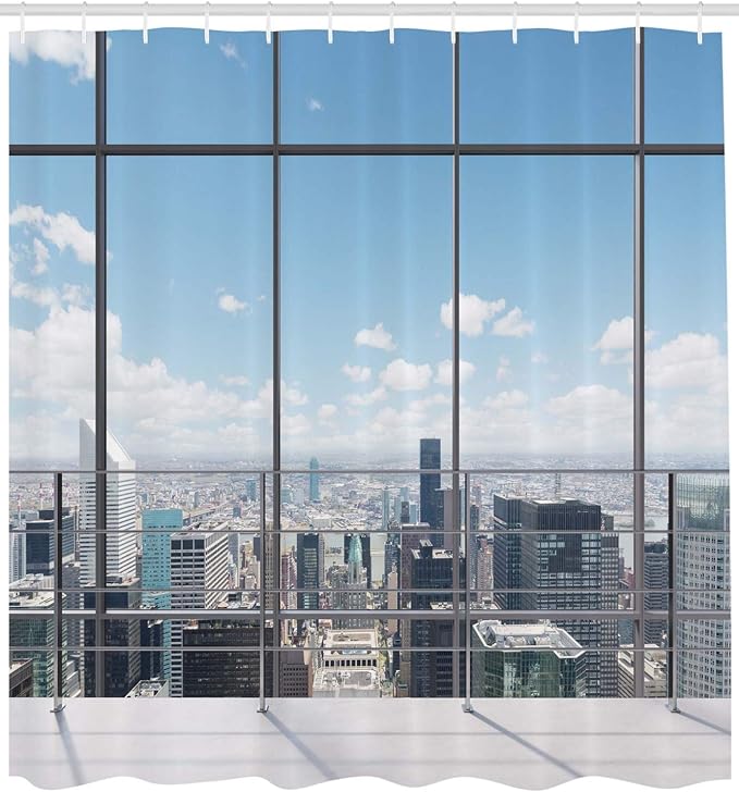 Ambesonne Urban Shower Curtain, Modern Office Work Place View to City Architecture Contemporary Plan, Cloth Fabric Bathroom Decor Set with Hooks, 69" W x 70" L, Grey White Blue