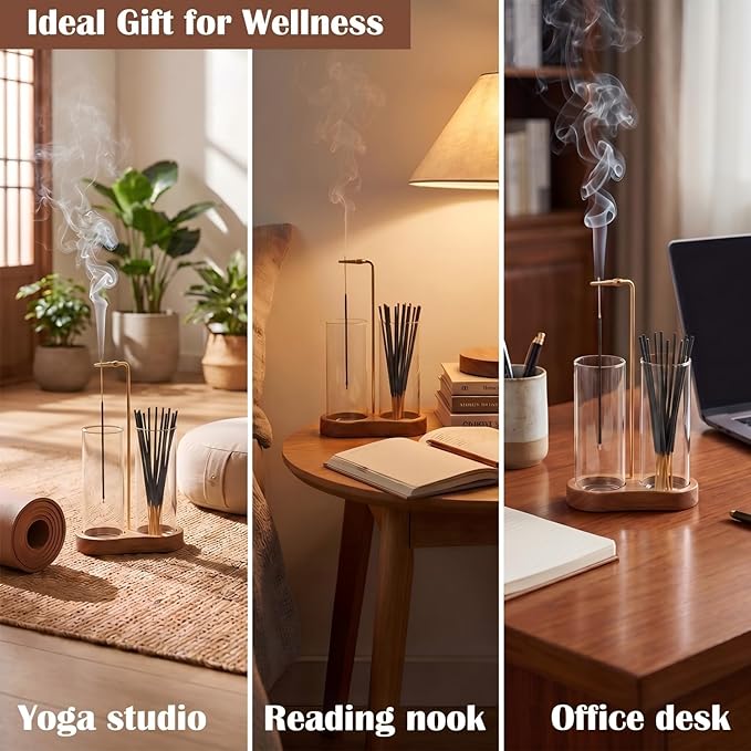 Incense Holder for Sticks with Glass Ash Catcher - Upside Down Anti-Ash Flying Incense Burner & Stick Storage Organizer, Ideal for Meditation, Yoga, Zen Home Decor, Spa Relaxation Gift (Natural Wood)