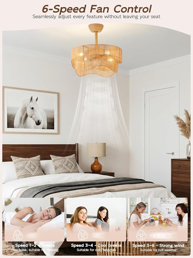 20" Gold Caged Fandelier Ceiling Fan with Light,Boho Ceiling Fans with Lights Remoete Control,6 Speed Timer For Bedroom，Living room，Nursery