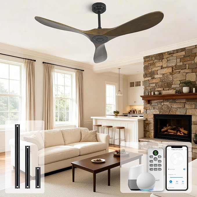 Smart Ceiling Fan no Light, 52 Inch Outdoor Ceiling Fan Without Light, Compatible with Alexa/Google/App, 3 Solid Wood Blades, Modern Wood Fan for Patio, Bedroom, Living Room,Bronze
